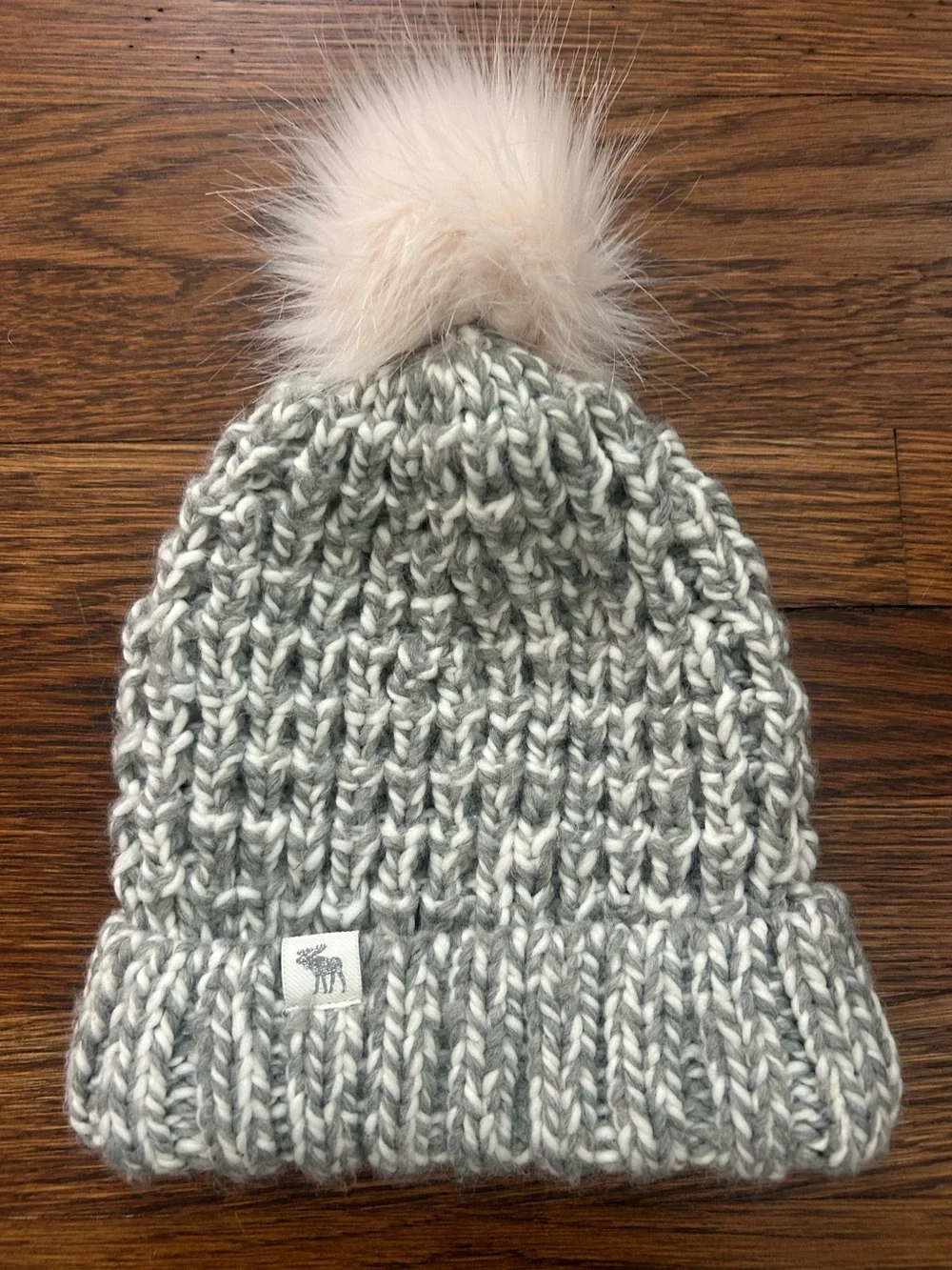 abercrombie kids Grey Knit Beanie with Light Pink Faux Fur Pom